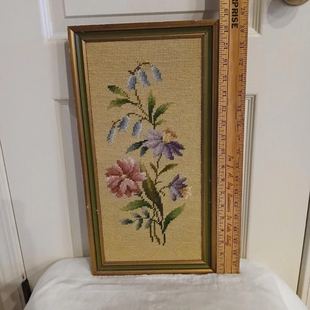 VTG MCM Floral Framed Needlepoint Embroidered Tapestry Weaving 18x 9 Cottagecore